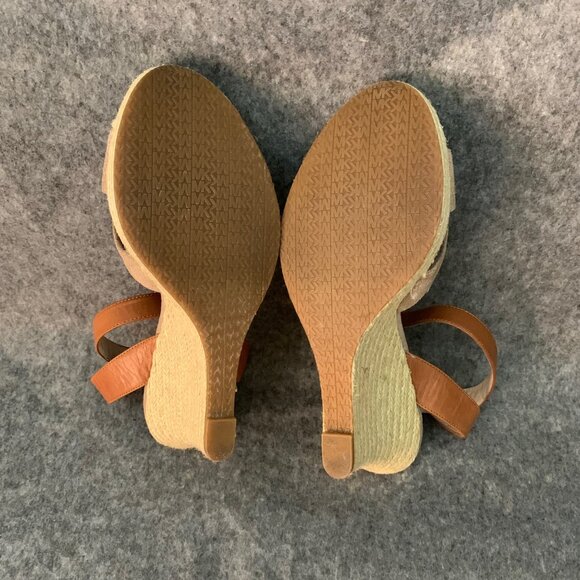 Michael Michael Kors Brown Tan Leather Suede Ankle Strap Peep Toe Wedge Sandals - Picture 12 of 12